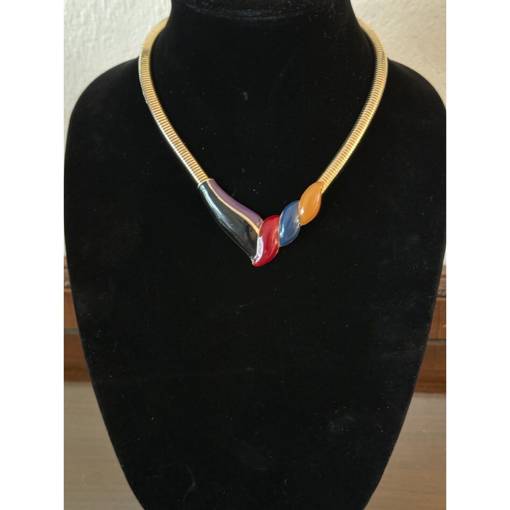 Vintage 1980s Gold Tone Snake Chain & Colorful Pendant Necklace Glossy Finish